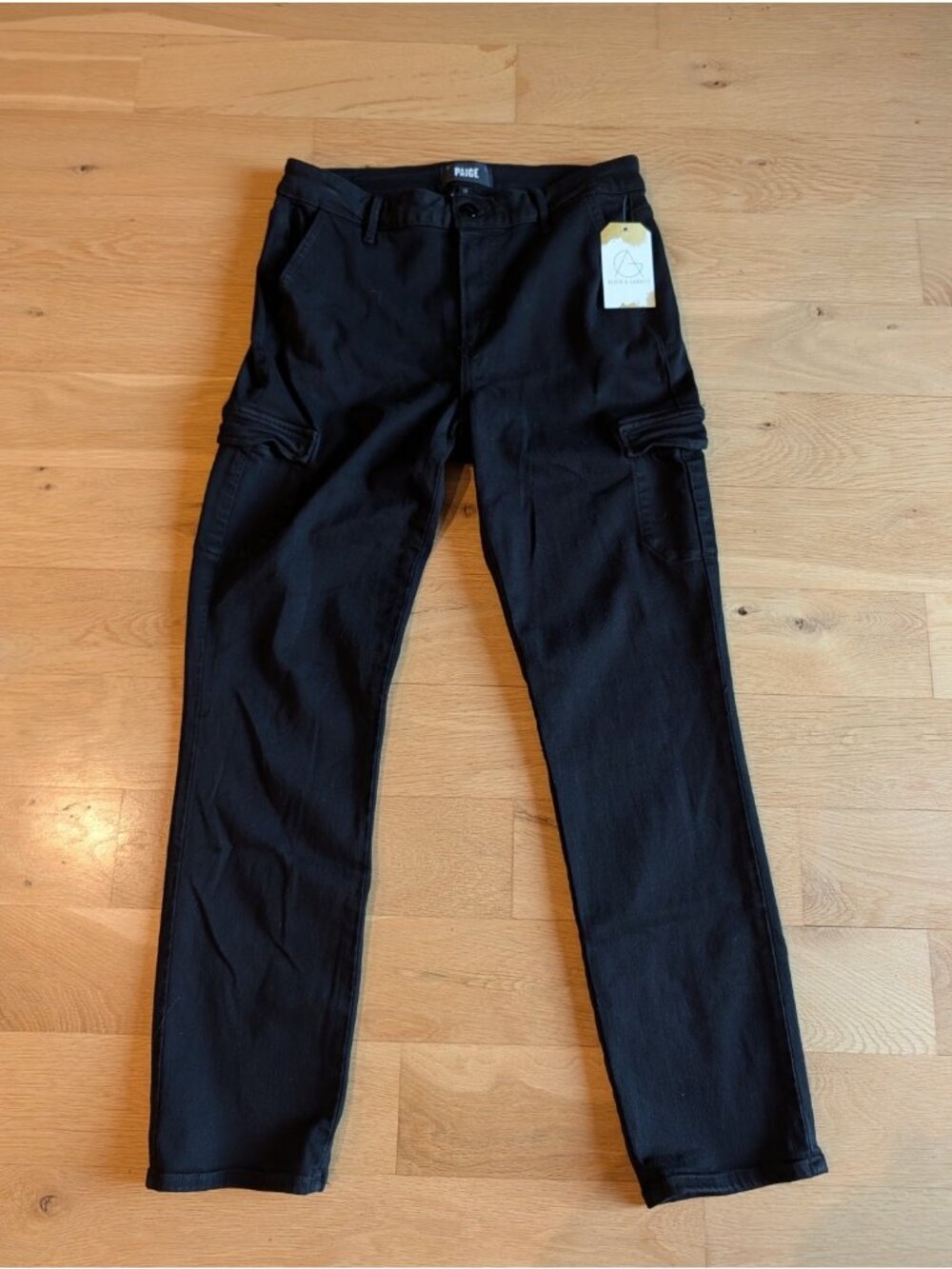 PAIGE Jolie Slim Straight Cargo Black Jeans, Size 29